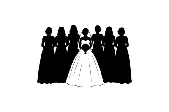 Elegant Bride and Bridesmaids Group Pose Wedding Clip Art