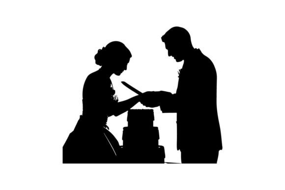 Elegant Silhouette of Wedding Couple Cutting Cake