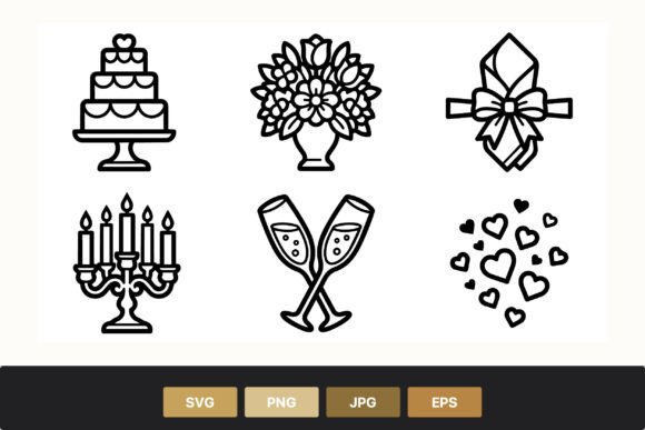 Elegant Wedding Design Icons: Cake, Flowers, Candles & Champagne