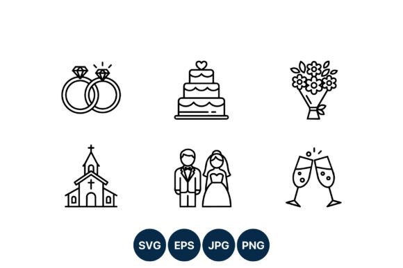 Elegant Wedding Ring & Cake Bouquet Icons for Designers