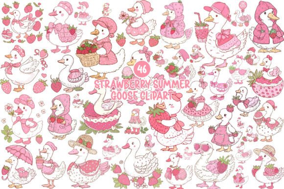 Strawberry Summer Goose Clipart: Vibrant Design Assets