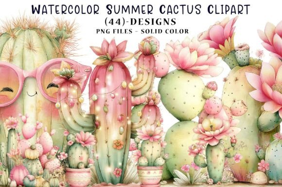 Watercolor Summer Cactus Clipart: Vibrant Design Elements